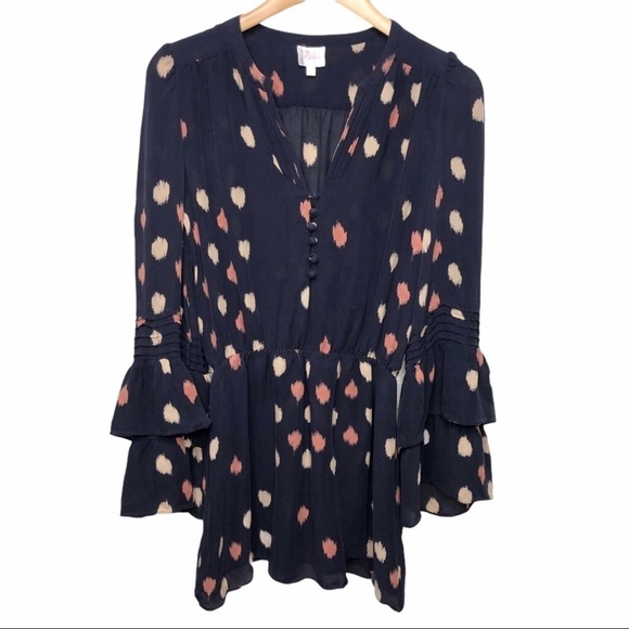 Parker Dresses & Skirts - Parker Silk Dress Navy Dot Print Size Small Bell Sleeve